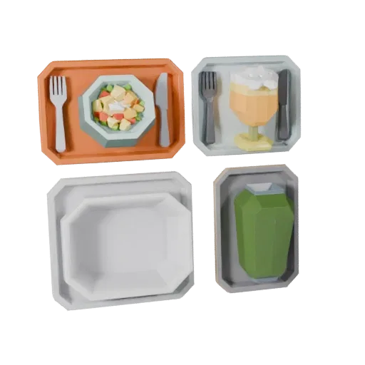 Conjunto de Tigelas de Salada de Piquenique Modelo 3D Low Poly, vista em três quartos do viewport do jogo, mostrando cerâmica