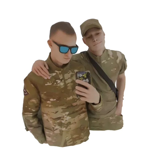 3D model of two soldiers in camouflage uniforms taking a selfie, one holding a smartphone.