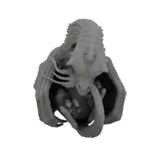 3D model of a young dragon with detailed scales and wings, protectively cradling a sphere in its talons.
