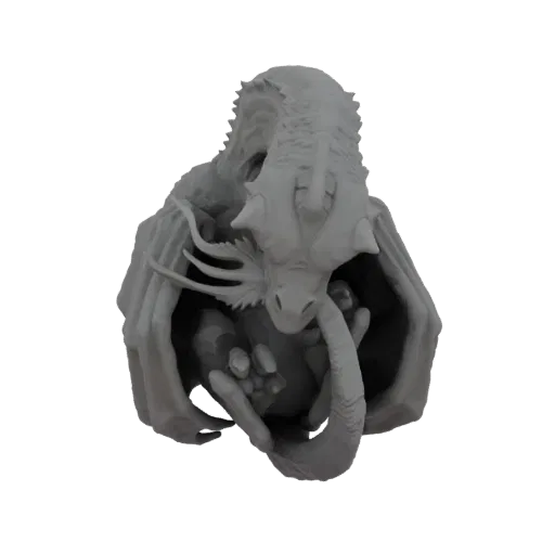 3D model of a young dragon with detailed scales and wings, protectively cradling a sphere in its talons.