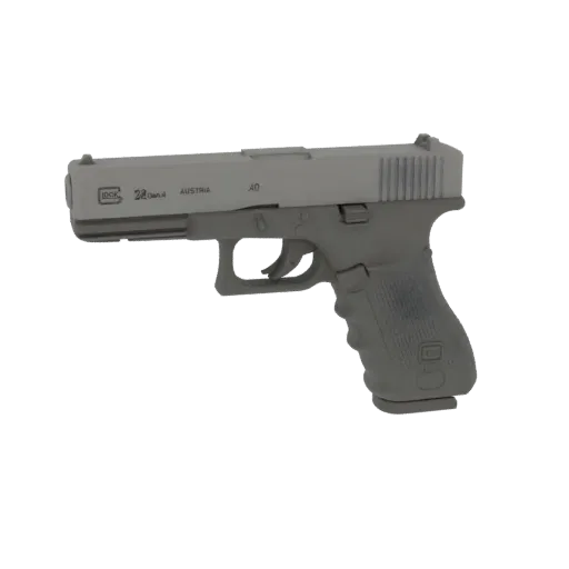 3D model render of a Glock 23 Gen 4 pistol in .40 S&W caliber, shown from the side against a black background.