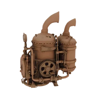 3D model of a detailed steampunk industrial boiler with a pressure gauge, pipes, and gears, rendered in a warm brown tone.