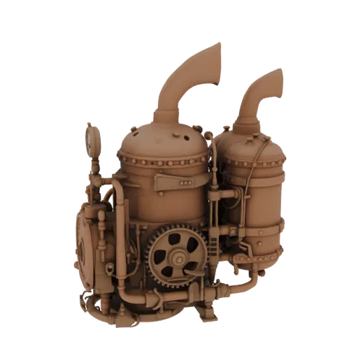 3D model of a detailed steampunk industrial boiler with a pressure gauge, pipes, and gears, rendered in a warm brown tone.