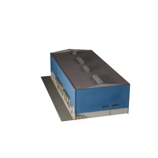 Warehouse stylized 3D model, isometric stylized game environment view, showing industrial building materials and architectura