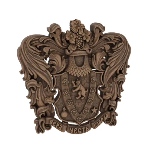3D model of an ornate heraldic crest with a lion, grapes, and baroque scrollwork, rendered in a bronze-like texture.