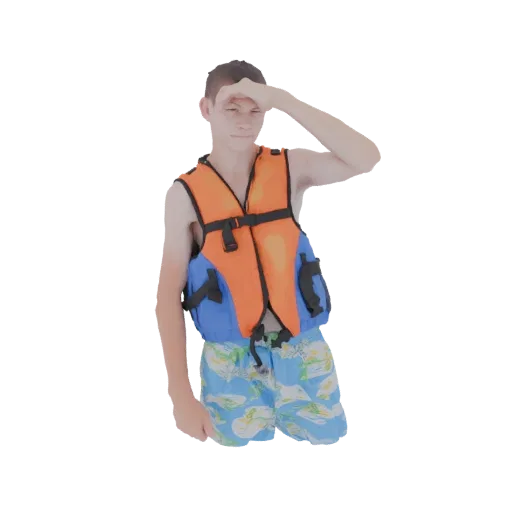 3D-Modell eines Jungen mit orange-blauer Schwimmweste und gemusterter Badehose, die Hand schirmt die Augen.