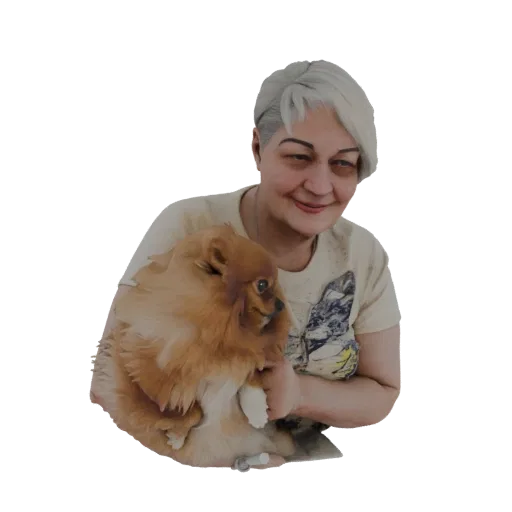 3D model of a woman with short gray hair holding a fluffy brown Pomeranian dog in her arms.
