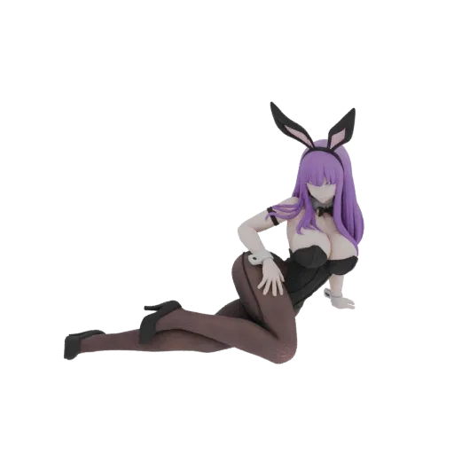 3D model of a bunny girl with purple hair, wearing a black bunny suit and stockings, in a reclining pose.
