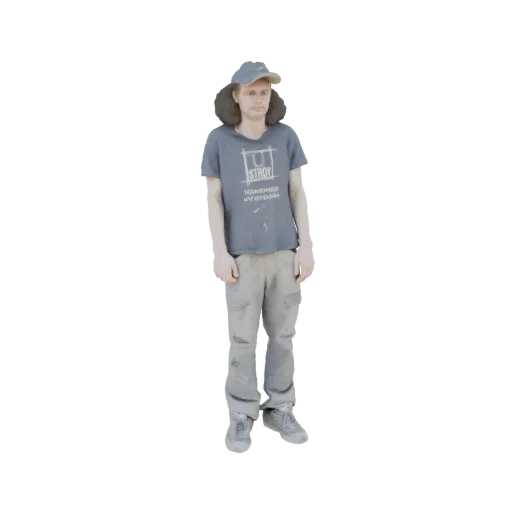 3D model of a construction worker wearing a blue cap and a grey neck pillow, dressed in a blue t-shirt and grey work pants.
