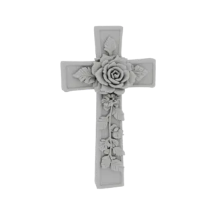 Modelo 3D de cruz decorativa com rosa em relevo e ornamento floral em estilo de relevo minimalista, em cor branca.