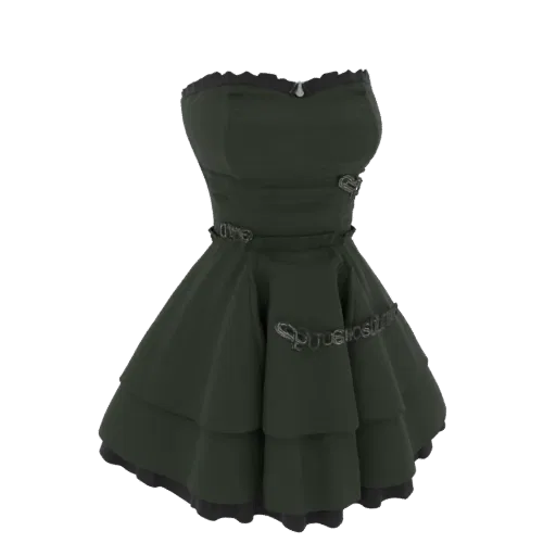 Modello 3D di un abito gotico scuro, a strati, strapless con corpetto aderente e gonna voluminosa.