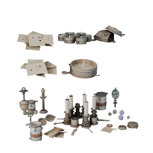Workshop Candle Cluster Realistic 3D model, three-quarter studio render, showing paper-like cards, small readable forms.