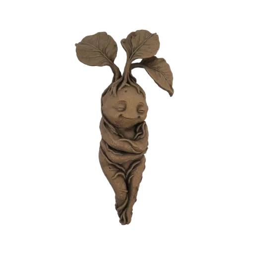 Um modelo 3D de uma criatura Mandrágora com corpo semelhante a uma raiz, braços cruzados e brotos de folhas na cabeça, render