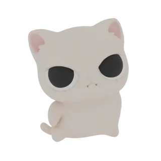 Un rendering 3D di una figurina di gatto kawaii carina, di colore chiaro, con grandi occhi neri e una piccola bocca, seduta i