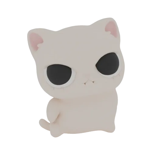 Una renderización 3D de una figura de gato kawaii adorable, de color claro, con ojos negros grandes y una boca pequeña, senta