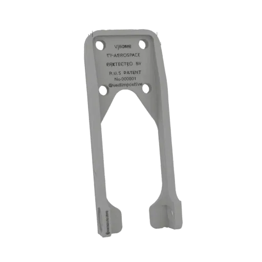3D render of the VJR0MB TT-Aerospace RUS Patent Bracket, showing its metallic texture and engraved patent details.
