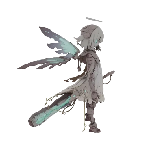 Modelo 3D de um guerreiro anjo cyberpunk com asas brilhantes e armadura mecânica, visto de lado contra um fundo preto.