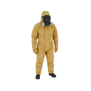 3D model of a person wearing a yellow hazmat suit and a black gas mask, standing in a neutral pose.