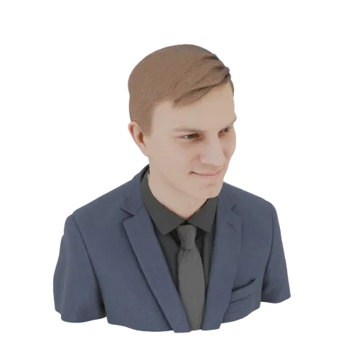 3D model render of a man wearing a blue suit, black shirt, and grey tie, looking slightly to the side with a subtle smile.