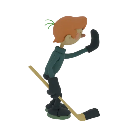 3D model of a claymation-style hockey player with orange hair, teal jersey, and hockey stick, waving.