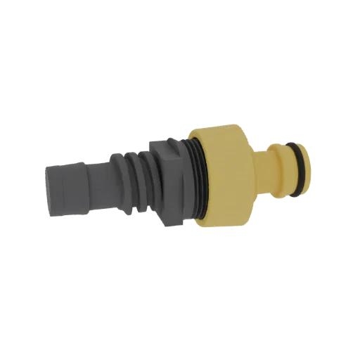 3D model of a garden hose connector with a grey barbed end and a yellow threaded fitting, isolated on a white background.