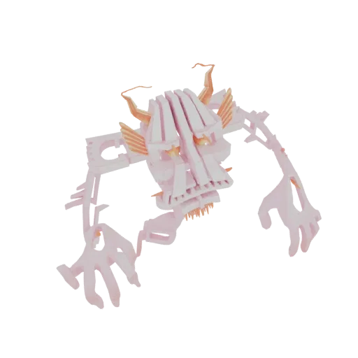 3D-Modell eines pinken Skelettmonsters mit segmentiertem Körper, scharfen Zähnen und flügelähnlichen Merkmalen, präsentiert v