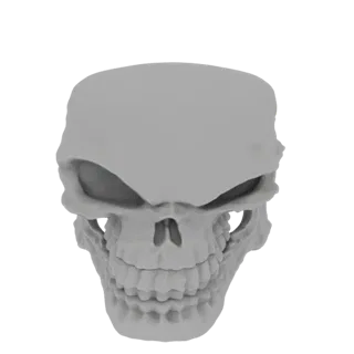 A front-facing 3D render of a stylized human skull with deep eye sockets and detailed teeth, presented in a neutral gray mate