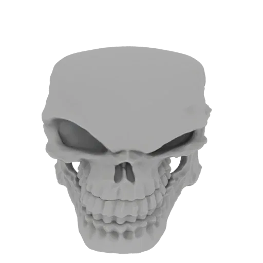 Uma renderização 3D frontal de uma caveira humana estilizada com órbitas oculares profundas e dentes detalhados, apresentada