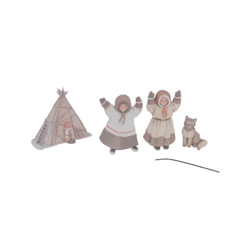 3D model of an Arctic village scene with a teepee, two children in parkas, and a fox, rendered in a storybook illustration st