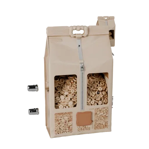 Bagged Cereal Box 3D model, three-quarter front view, AR viewer studio render, showing cardboard, package massing.