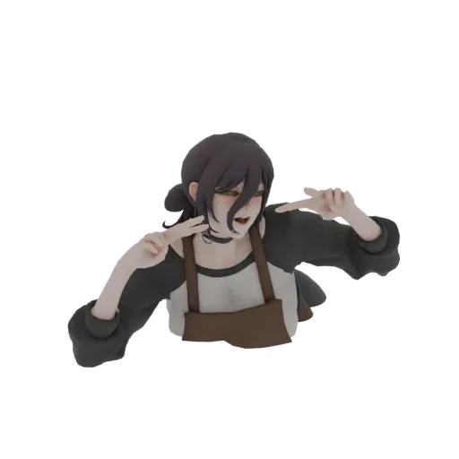 3D model of Reze from Chainsaw Man, a young woman with dark hair and green eyes, striking a playful pose with her hands near
