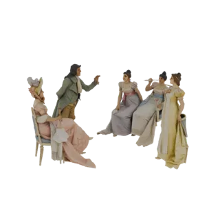 3D-Modell einer Salon-Szene der Regency-Ära mit einem Mann und drei Frauen in zeitgenössischer Kleidung vor schwarzem Hinterg