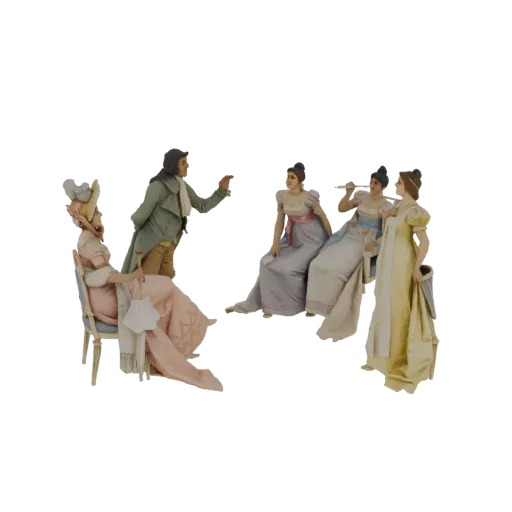 3D-Modell einer Salon-Szene der Regency-Ära mit einem Mann und drei Frauen in zeitgenössischer Kleidung vor schwarzem Hinterg