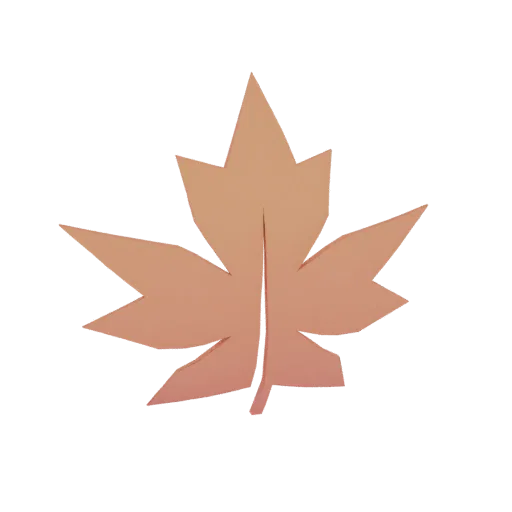 Un render 3D de una hoja de arce estilizada con un degradado de tonos melocotón a rosa, con bordes geométricos afilados.