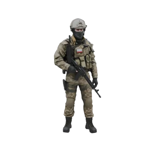 3D model of a Russian soldier in camouflage tactical gear holding a rifle, presented against a black background.