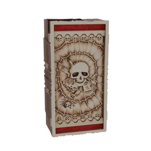 3D model of a gothic decorative box with a central skull, spiderweb, and smaller skulls, rendered on a white background.