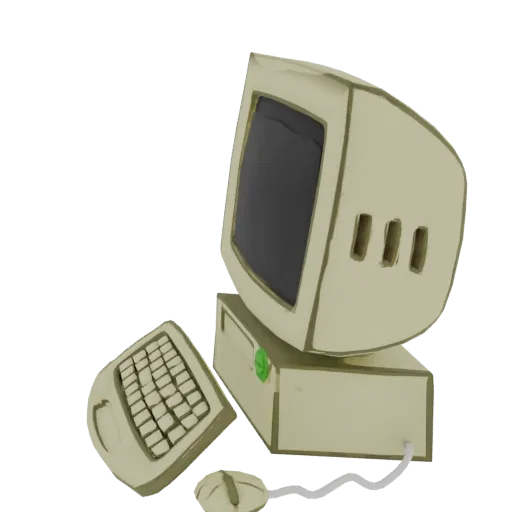 3D-Modell eines vintage-beigen Desktop-Computers mit Röhrenmonitor, Tastatur und Maus, vor weißem Hintergrund gerendert.