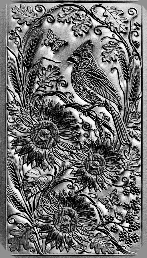 3D-Modell Basrelief im Stichstil: Kardinal auf einem Ast zwischen Sonnenblumen, Weizenähren und Schmetterlingen