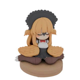 3D-Render einer süßen Chibi-Vogelmädchen-Figur mit großen Flügeln, sitzend auf einem braunen Sockel, gekleidet in ein dunkles