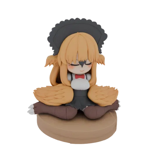 3D render of a cute chibi bird girl figurine with large wings, sitting on a brown base, wearing a dark dress and red bow.