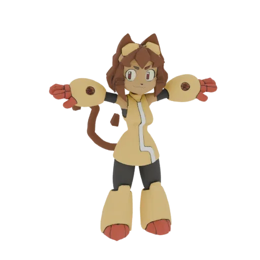 3D model of a stylized anime cat girl with feline ears, a tail, and robotic arm attachments, posing dynamically.
