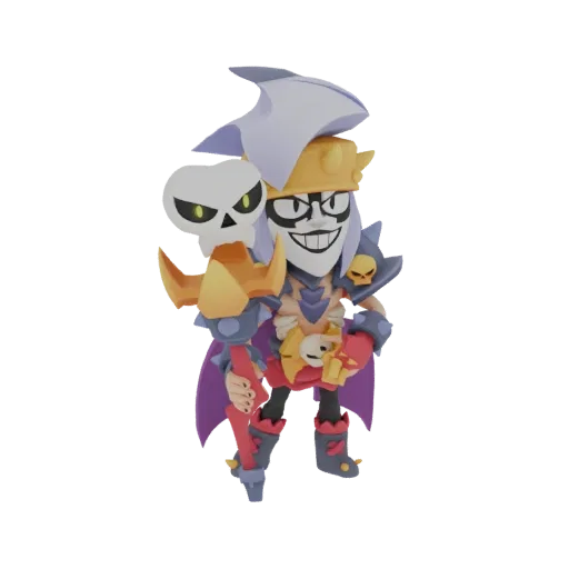 3D model of a Gothic Skeleton Mage wearing dark armor, spectacles, and holding a skull-topped staff, with a purple cape.