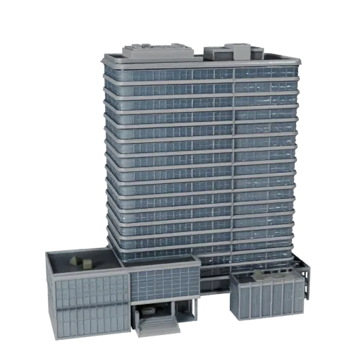 Modular Skyscraper Kit low poly 3D model, game-ready exterior view, showing modular building kit materials and architectural