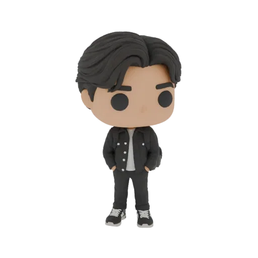 3D model of a stylized anime character with dark hair, wearing a black jacket, white t-shirt, dark pants, and a backpack.
