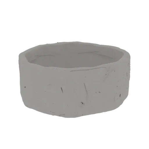 A 3D render of a rough, unglazed ceramic ring bowl with an uneven texture and irregular rim, presented on a black background.