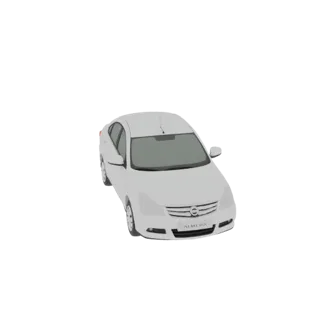 A 3D model of a white Nissan Almera sedan, viewed from a slightly elevated front-right angle against a white background.