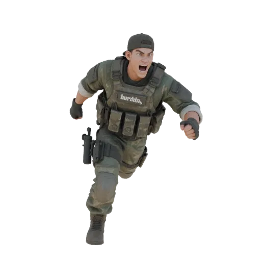 Modèle 3D de soldat des forces spéciales en camouflage et casquette, courant à l'assaut la bouche ouverte et l'air tendu.