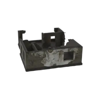 3D-Modell eines ruinierten Hauses mit bröckelnden Mauern und offenem Innenraum, aus leicht erhöhter Perspektive betrachtet.