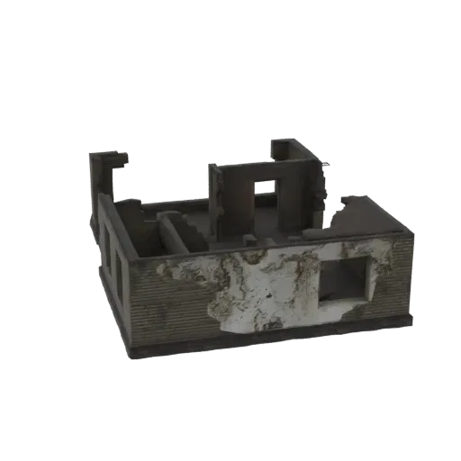 3D model of a ruined house with crumbling walls and an exposed interior, viewed from a slightly elevated angle.