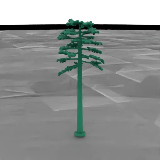 Rendu 3D d'un pin vert stylisé avec des branches superposées et une petite base circulaire, sur un sol gris texturé.